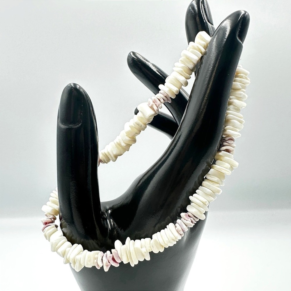 Vintage Puka Shell Heishe Disc Bead Stretch Bracelet White Purple Hawaiian‎ Boho